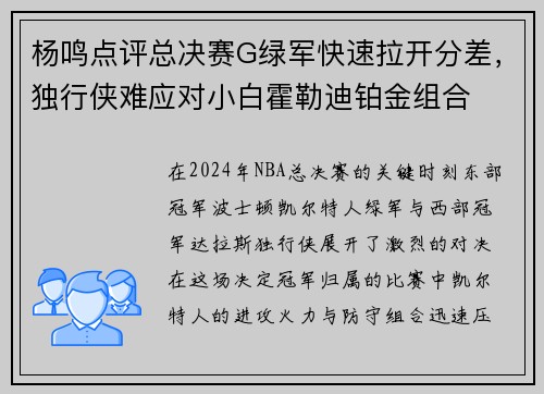 杨鸣点评总决赛G绿军快速拉开分差，独行侠难应对小白霍勒迪铂金组合