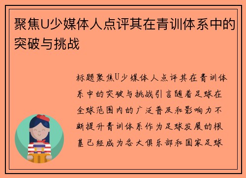 聚焦U少媒体人点评其在青训体系中的突破与挑战