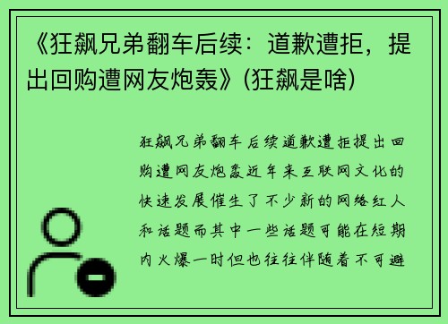 《狂飙兄弟翻车后续：道歉遭拒，提出回购遭网友炮轰》(狂飙是啥)