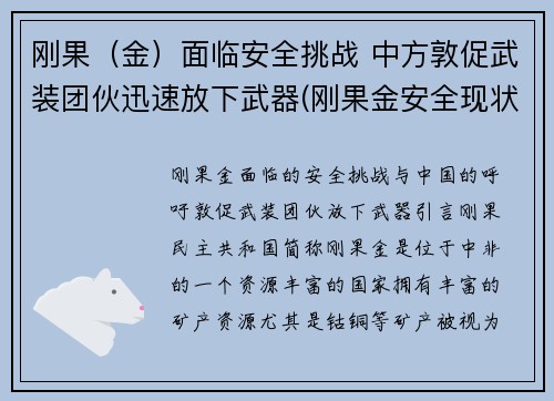 刚果（金）面临安全挑战 中方敦促武装团伙迅速放下武器(刚果金安全现状)
