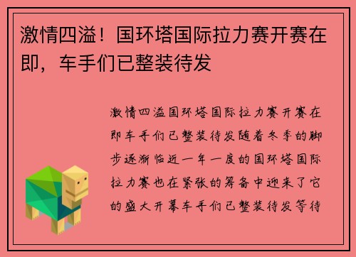 激情四溢！国环塔国际拉力赛开赛在即，车手们已整装待发