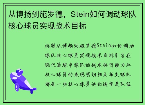 从博扬到施罗德，Stein如何调动球队核心球员实现战术目标