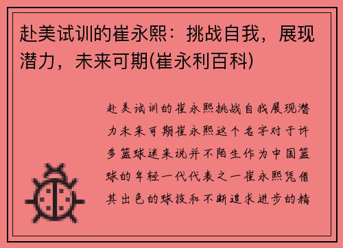 赴美试训的崔永熙：挑战自我，展现潜力，未来可期(崔永利百科)