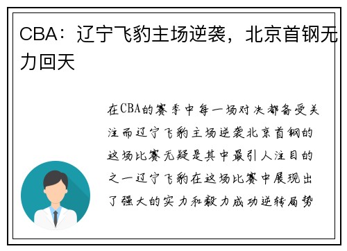 CBA：辽宁飞豹主场逆袭，北京首钢无力回天