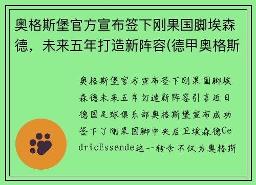 奥格斯堡官方宣布签下刚果国脚埃森德，未来五年打造新阵容(德甲奥格斯堡对勒沃库森)