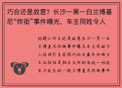 巧合还是故意？长沙一黑一白兰博基尼“炸街”事件曝光，车主同姓令人惊讶