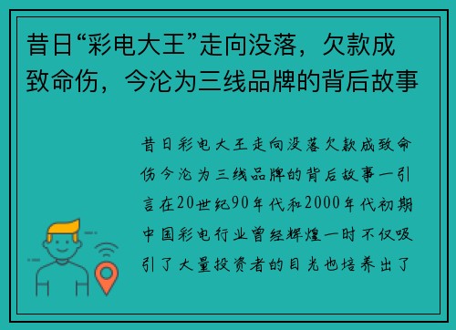 昔日“彩电大王”走向没落，欠款成致命伤，今沦为三线品牌的背后故事